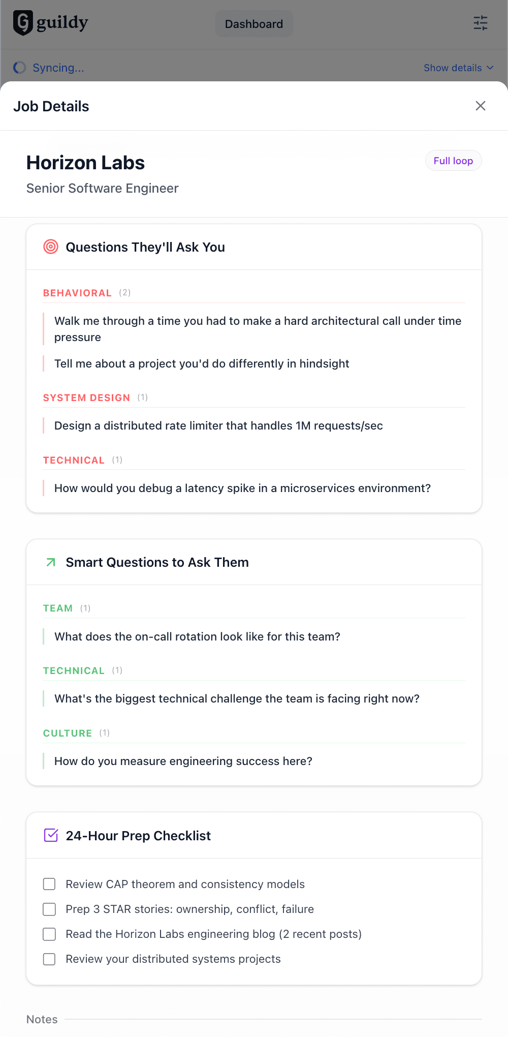 Context-aware interview prep tied to the active role.